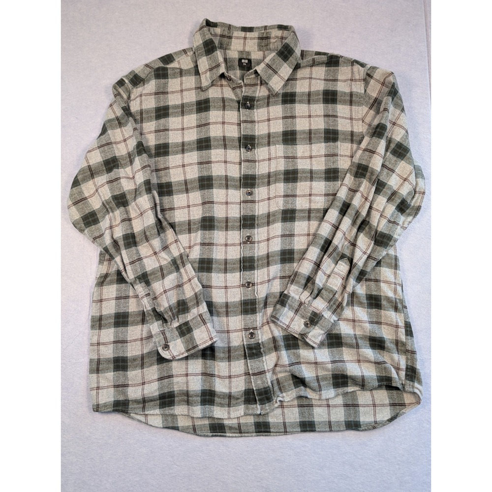Uniqlo Flannel Shirt Mens XXL Grey Green Plaid Long Sleeve Button Up Excellent